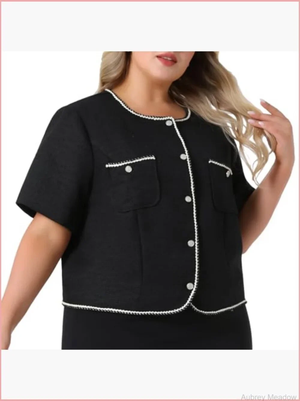 Plus Size Tweed Blazer Work Business Jacket Collarless Short Sleeve